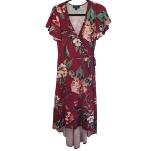Fortune+Ivory Irene Faux Wrap Brushed Knit Red Floral  V-Neck Maxi Dress Size L